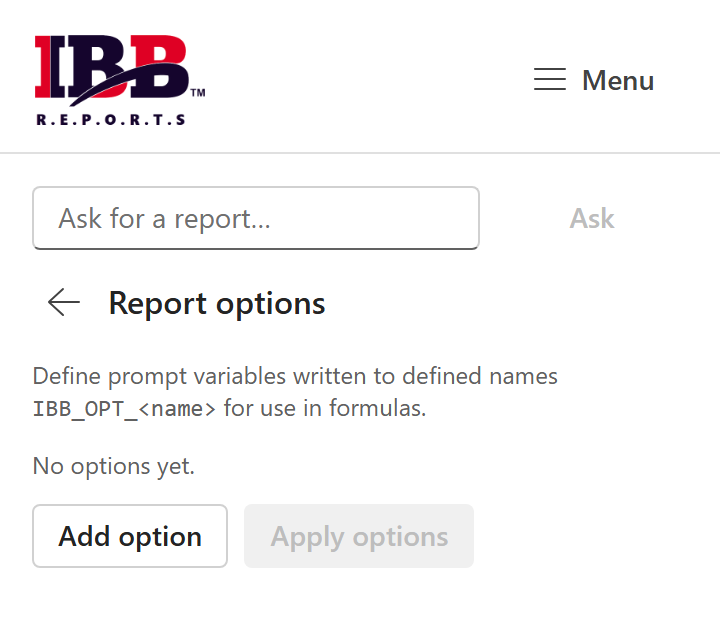 The Report options page