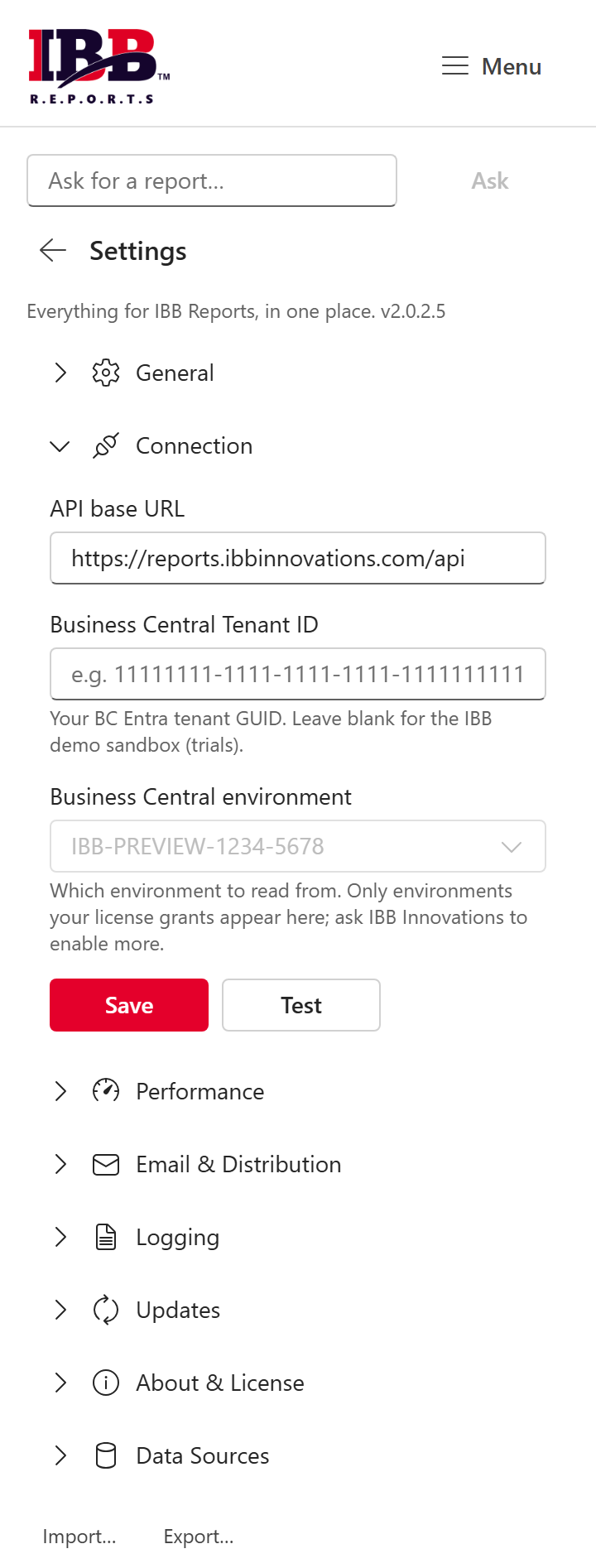 The Settings page