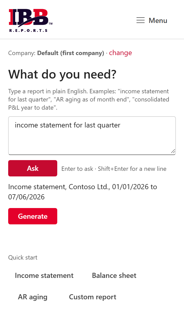 The Ask IBB home screen with a typed request and the interpreted result