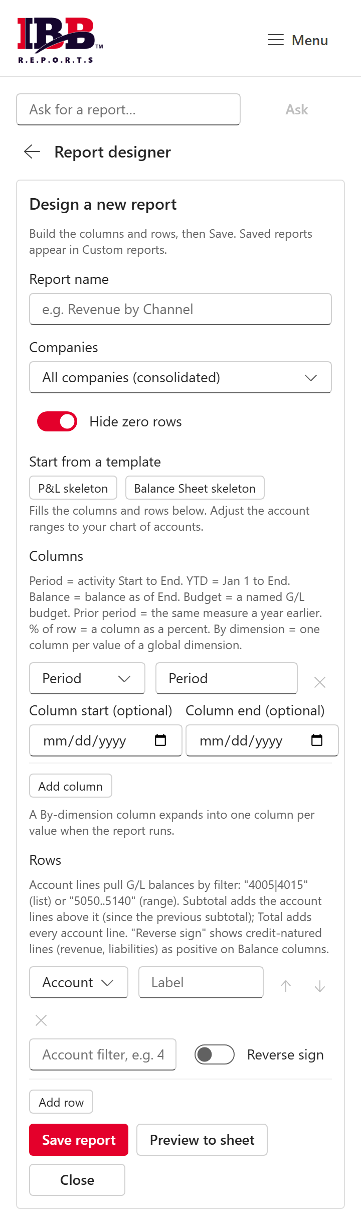 The Report Designer with a P&L skeleton loaded