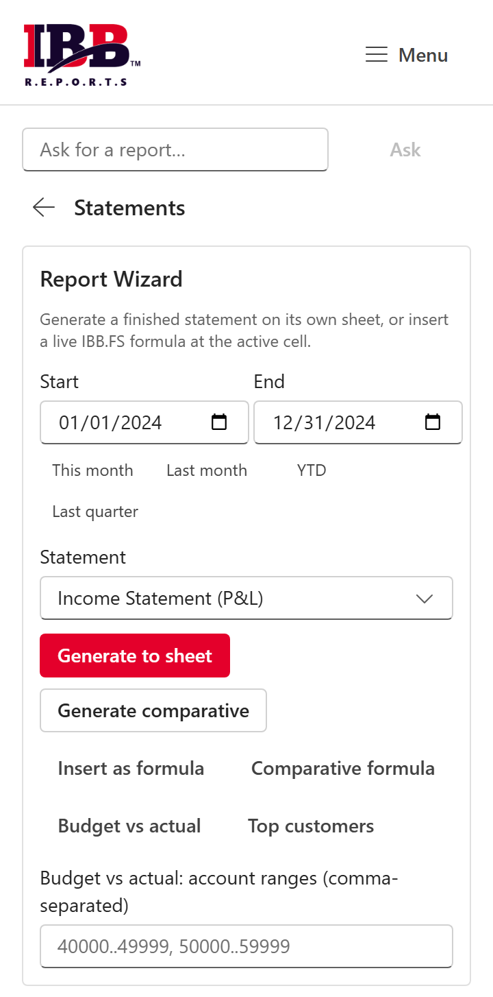 The Statements page (Report Wizard)