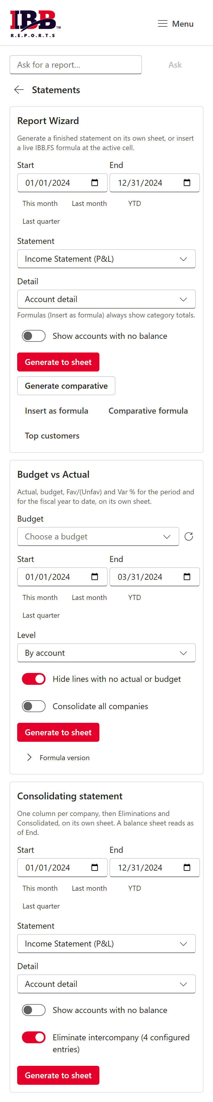The Statements page: the Report Wizard, the Budget vs Actual card and the Consolidating statement card